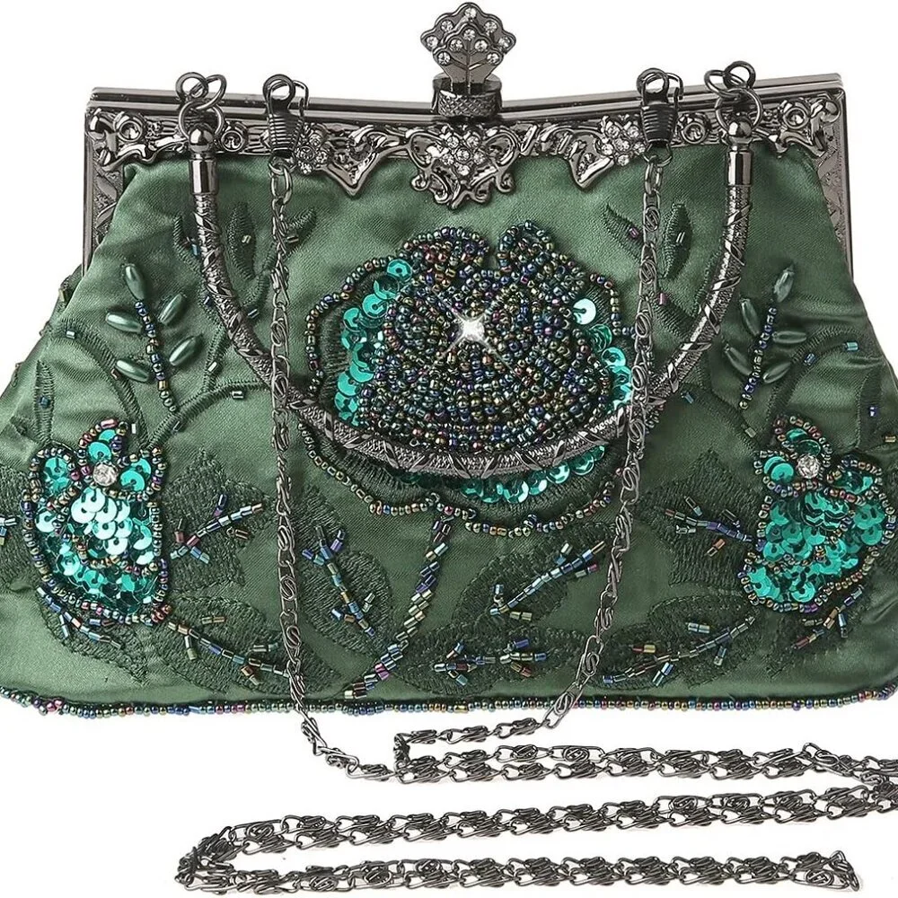 Womens Vintage Floral Beaded Rhinestone Embroidery Clutch Sequin Crossbody Bag E - Picture 7 of 7